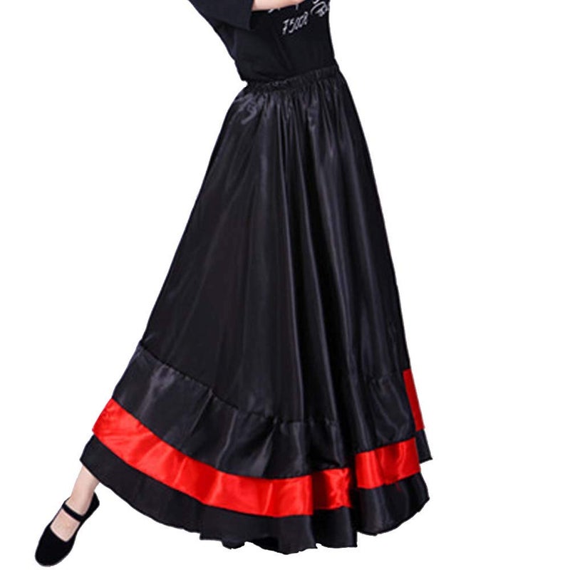 BACKGARDEN Women Black Red Layers Satin Long Skirt for Spanish Flamenco Belly Dance Mexico Ballet Folklorico Performance - Image 4
